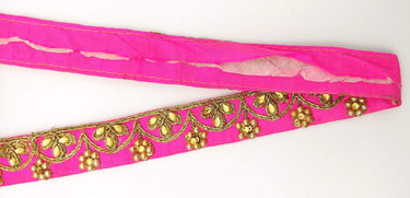 Fuchsia Silk Fabric Lace Trim Floral Embroidery & Indian Stones Kundan Embellishment, Decorative Sari Trim, Floral Border Trim By Yard